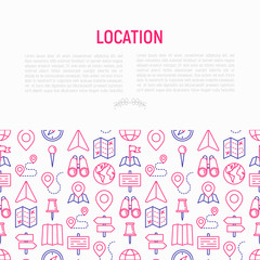 Location concept with thin line icons: pin, pointer, direction, route, compass, wall needle, cursor, navigation, gps, binoculars. Modern vector illustration for banner, web page, print media.