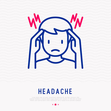 Headache, Migraine Thin Line Icon: Man Touches His Head With His Hands. Modern Vector Illustration.