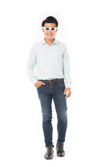 Naklejka premium Portrait of young Asian man wearing 3d cinema glasses on white background