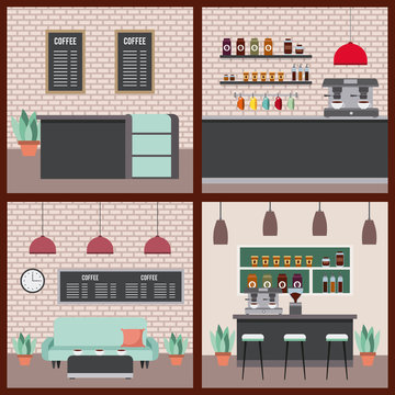 coffee shop interior set differents scenary vector illustration