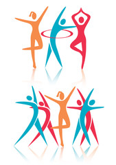 Fitness dance women icons.
Stylized colorful icons with shadow. Woman fitness aerobics activities.Vector available. 