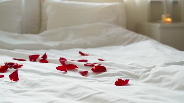 red petals falling to bed at valentines day