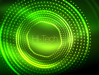 Magic neon circle shape abstract background, shiny light effect template for web banner, business or technology presentation background or elements, vector illustration