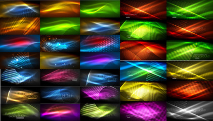 Set of shiny neon color lights on dark backgrounds, blurred effects