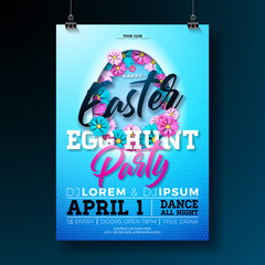 Vector Easter Egg Hunt Party Flyer Illustration with flowers in cutting egg silhouette and typography elements on nature blue background. Spring holiday celebration poster design template.