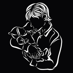 Father and baby on his hands, sketch on a black background