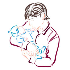 The father holds the baby in his arms and kisses his hand tenderly
