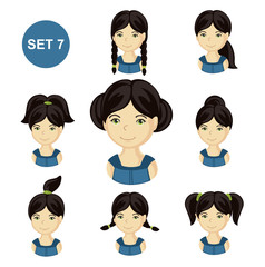 Cute little girls with black hair and various hair style. Set of children's faces. Vector illustration.