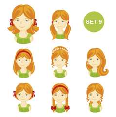 Cute ginger little girls with various hair style. Set of children's faces. Vector illustration.
