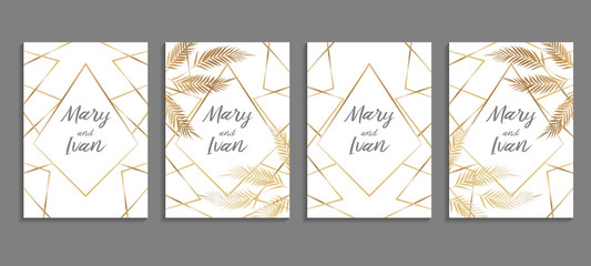 Wedding Invitation, leaves invite card. Design with tropical palm tree leaves.
