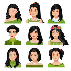 Set of woman faces with various hairstyle. Collection of young girls portraits. Different avatars of black-haired girls. Vector illustration.