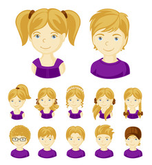 Collection of portraits kids. Children face set. Vector illustration set of different avatars of blonde boys and girls on a white background. Vector illustration.