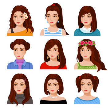 Set of woman faces with various hairstyle. Collection of young girls portraits. Different avatars of brown-haired girls. Vector illustration.