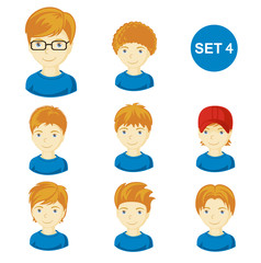 Cute ginger little boys with various hair style. Set of children's faces. Vector illustration.