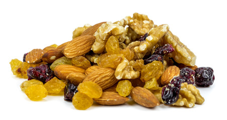 Mix nuts and dry fruits on a white background