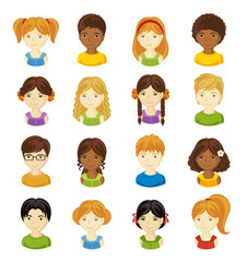 Children face set. Vector illustration set of different avatars of boys and girls on a white background. Collection of portraits kids.
