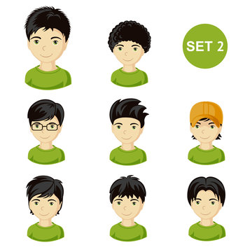 Cute little boys with black hair and various hair style. Set of children's faces. Vector illustration.