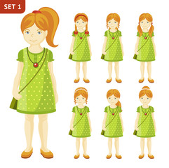 Collection of cute ginger little girls with different hairstyles. Full-length portrait. Set of cartoon characters. Vector illustration.