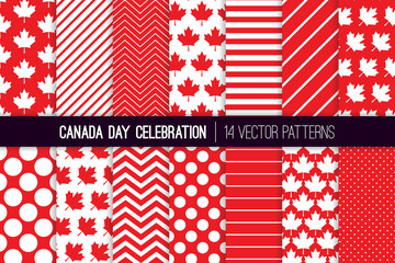 Canada Day Vector Patterns in Red and White Maple Leaf, Stripes, Polka Dots and Chevron. Canadian July 1st Party Celebration Backgrounds. Repeating Pattern Tile Swatches Included.