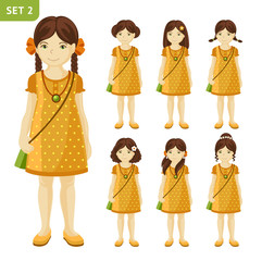 Collection of cute little brunet girls with different hairstyles. Full-length portrait. Set of cartoon characters. Vector illustration.