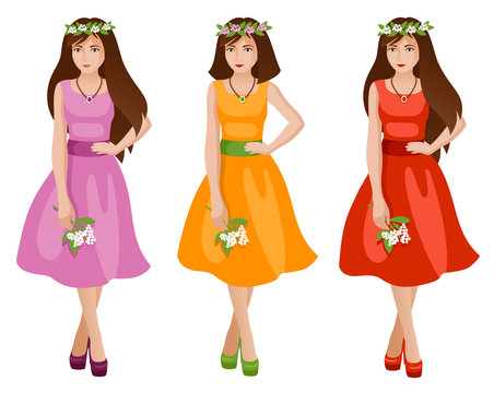 Cute girls in spring or summer fashion dress. Women with a bouquet of flowers. Colored vector illustration.