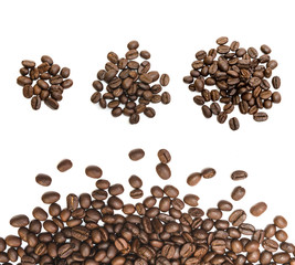 Set of roasted coffee beans isolated on white background.