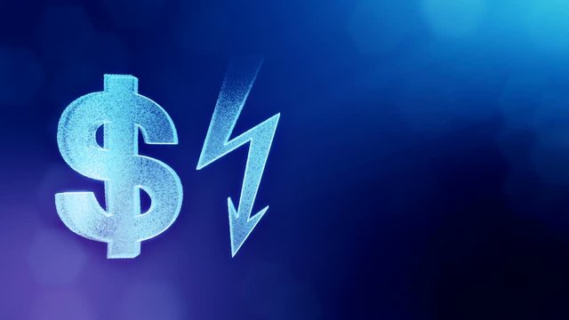 dollar sign and emblem of lighting bolt. Finance background of luminous particles. 3D loop animation with depth of field, bokeh and copy space for your text.Blue color v2