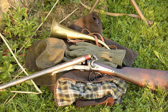 Hunting equipment on sunny day outdoors
