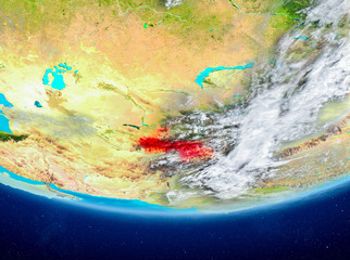 Tajikistan on globe from space