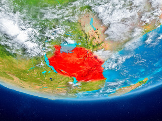 Tanzania on globe from space