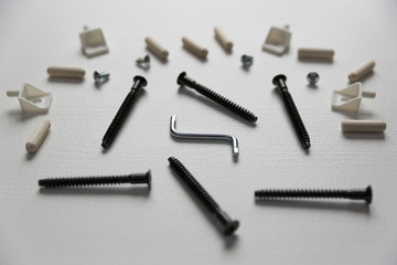 Small furniture assembling parts including screws and screwdriver