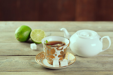 Cup of tea on wooden table