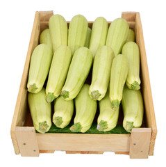 Zucchini in wooden box on white background