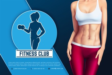 Design of web banner of fitness club emblem. Silhouette of athletic woman with dumbbell. Young sports sexy woman body