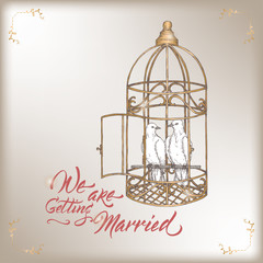 Romantic vintage Wedding invitation card template with calligraphy and white doves in cage sketch.