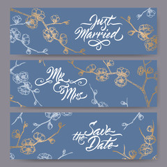 Set of three original wedding banners based on blooming plum branch sketch on blue and brush calligraphy.