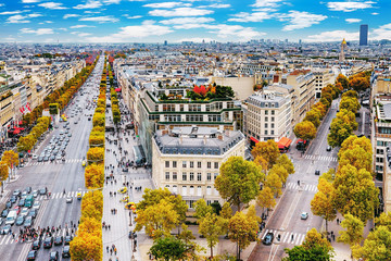 Paris, France - Champs Elysees cityscape. View from Arc de Triomphe. Blue sky with clouds in autumn. - obrazy, fototapety, plakaty