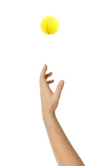 Hand giving service throwing tennis ball