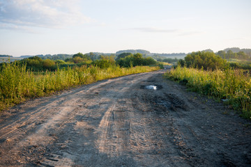 Perspective view of a ground country road and fields and the wood in the distance at dawn.