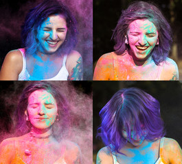Kit of images with happy woman with purple hair celebrating Holi festival