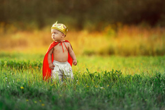 Little child prince summer day outdoors around colorful green grass. King kid in costume cute hero warrior,red cloak,gold crown. Portrait caucasian baby 1-2 years background lawn, nature.Copyspace.