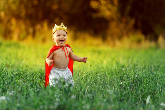 Little boy prince,child king laughing summer day outdoors around colorful green grass.Funny knight baby 1-2 years.Cute kid smile dressed image playing hero,knight,warrior,red cloak,gold crown.