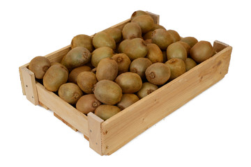 Kiwi fruit in wooden box on white background