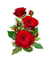 Romantic arrangement with red roses and gypsophila flowers and buds