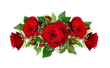 Romantic composition with red roses and gypsophila flowers and buds