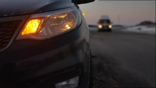 auto broke down in winter forced emergency stop turned on lights turn signal. winter road traffic cars breakdown indoors