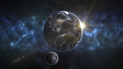Fototapeta na wymiar Frontal View of the Planet Earth and Orbiting Moon. The elements of this image furnished by NASA.