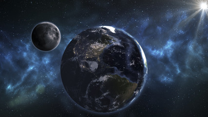 Blue Earth and moon in the space. Space wallpaper. Elements of this image furnished by NASA