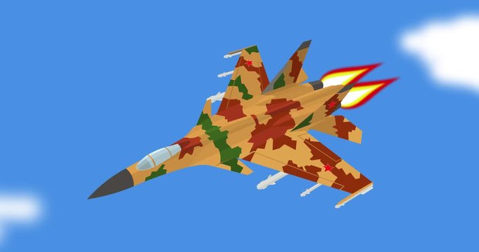 Cartoon russian (soviet) jet fighter fly in blue sky and launch missiles. Animated military airplane strikes target. 4K animation.