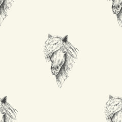 Vector seamless pattern with hand drawn horse. Horse's head